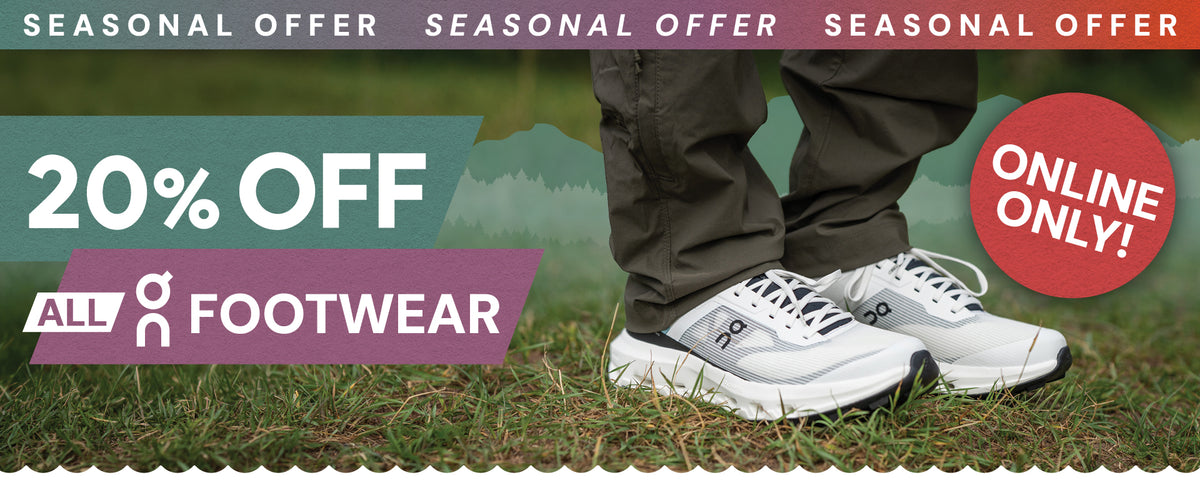 20% off all On footwear in a seasonal online-only offer, featuring white running shoes against a grassy outdoor backdrop.