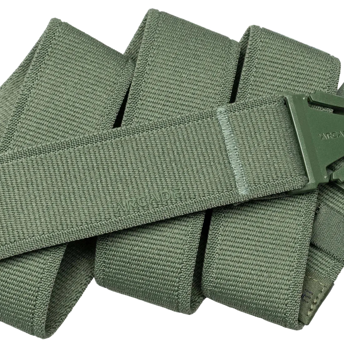 Green webbing strap with a buckle on a white background
