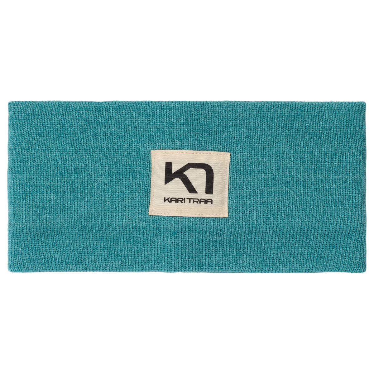 Teal headband with a Kari Traa logo on the front on a white background