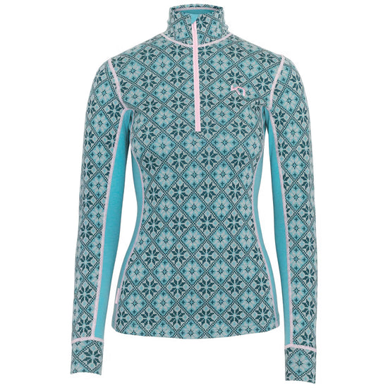 Teal patterned long-sleeve shirt with pink zipper on a white background