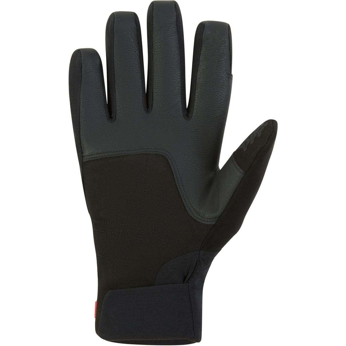 A single black winter work glove with a textured grip on the fingers and palm, a padded wrist cuff, and a small red brand tab on the side, shown against a plain white background.