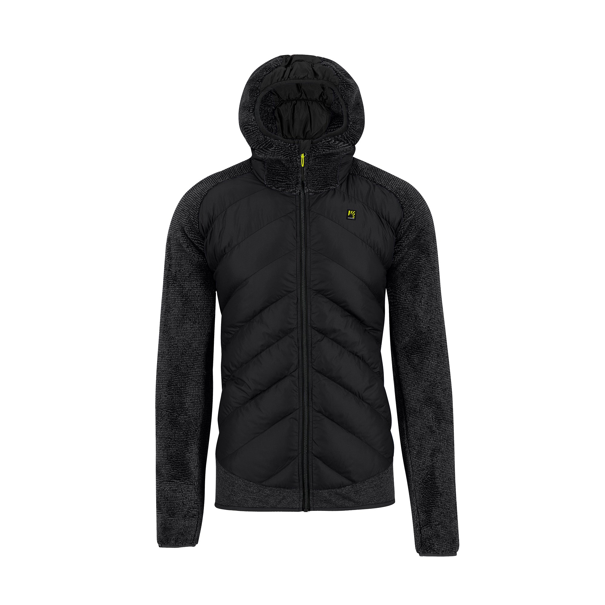 Black quilted jacket with a hood on a white background