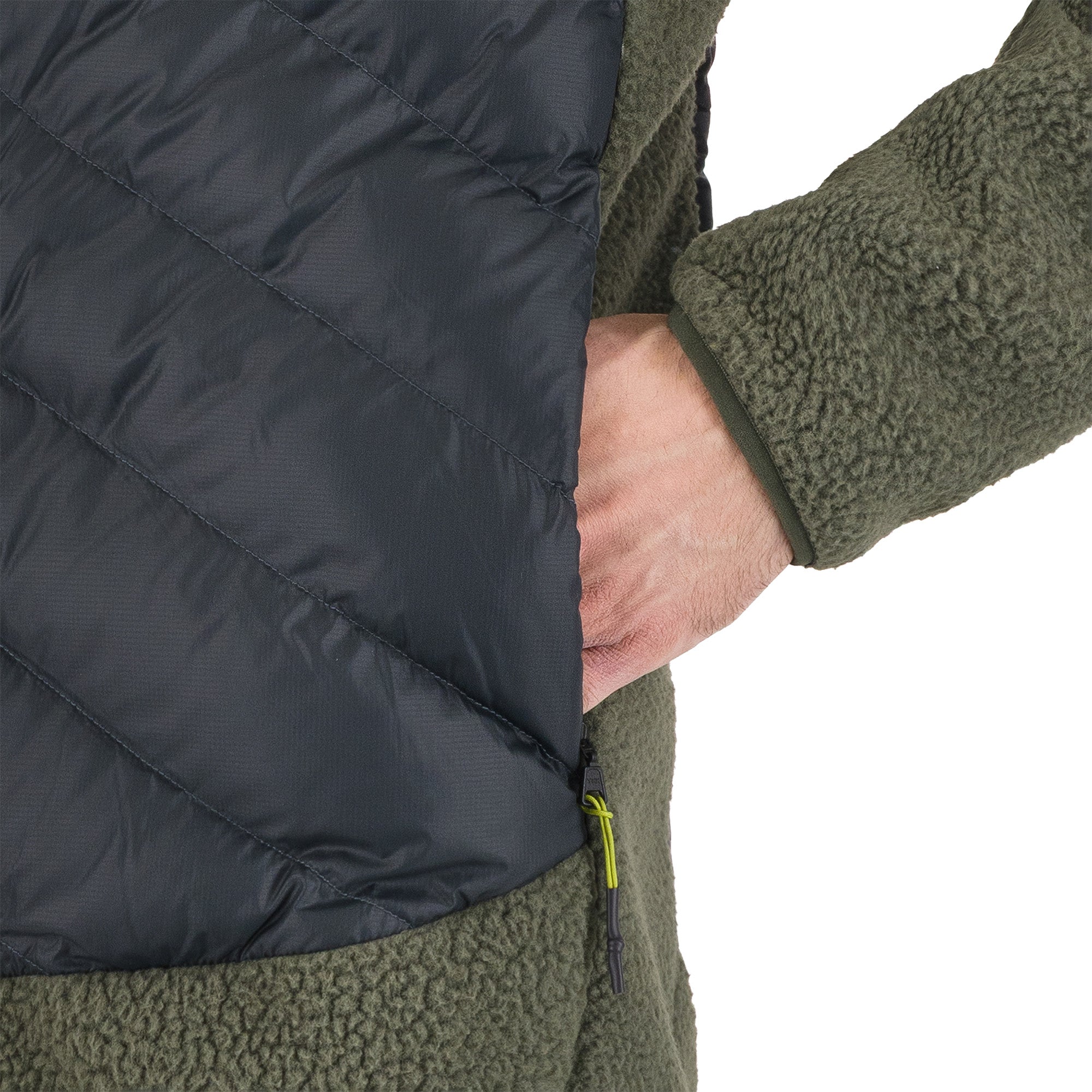 Close-up of a green hooded jacket hand pockets.