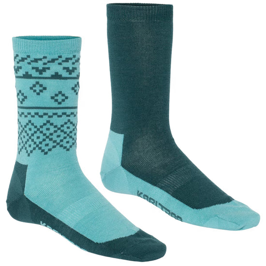 Two pairs of socks, one teal with a pattern and one solid dark green, on a white background.