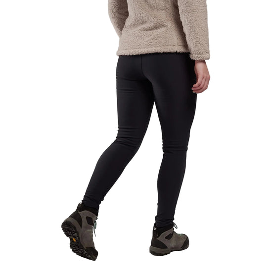 Person wearing black leggings and brown shoes on a plain background