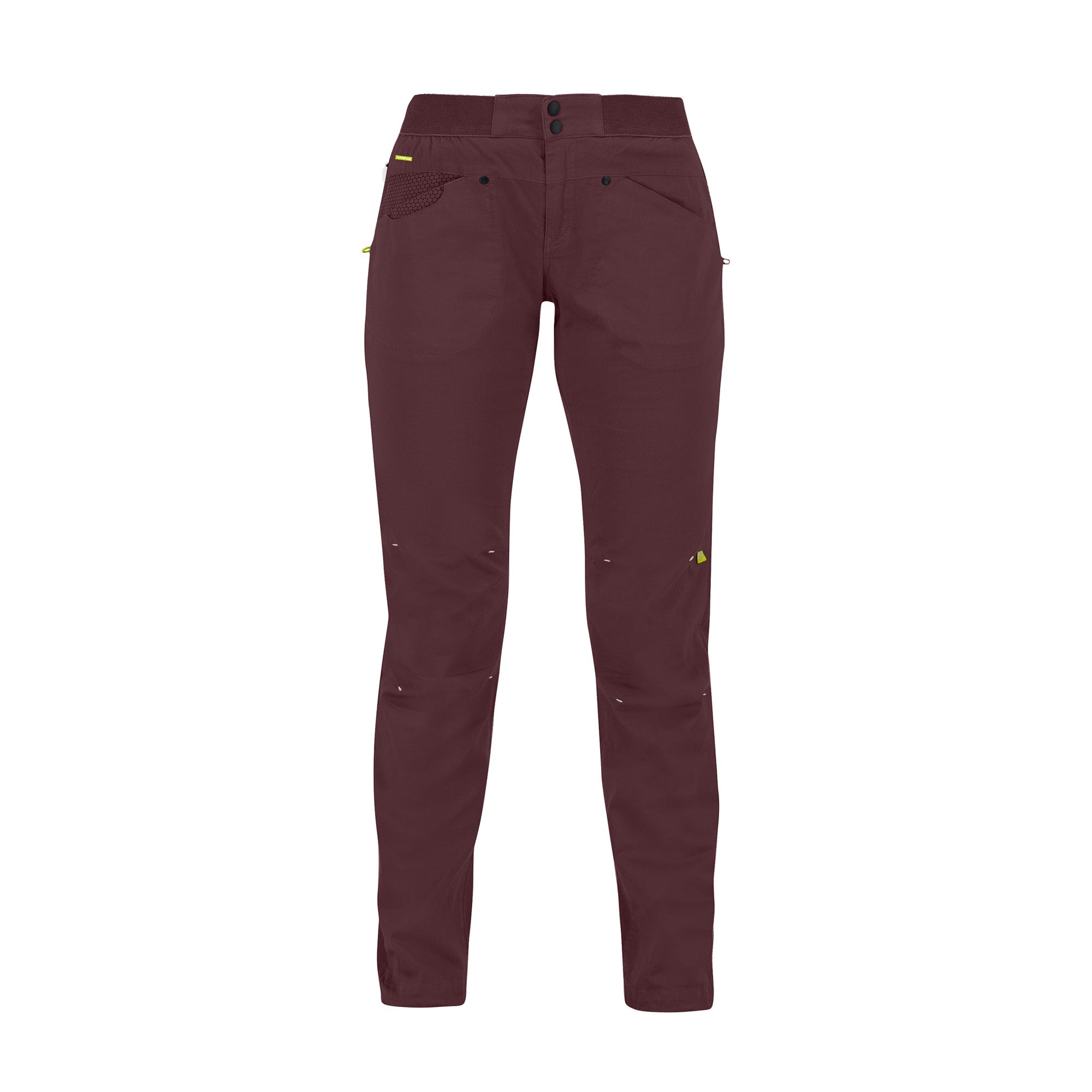 Maroon pants with yellow accents on a white background