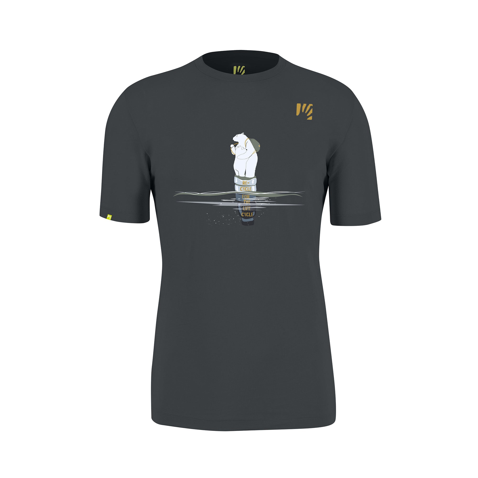 Dark grey t-shirt with a white graphic on a white background