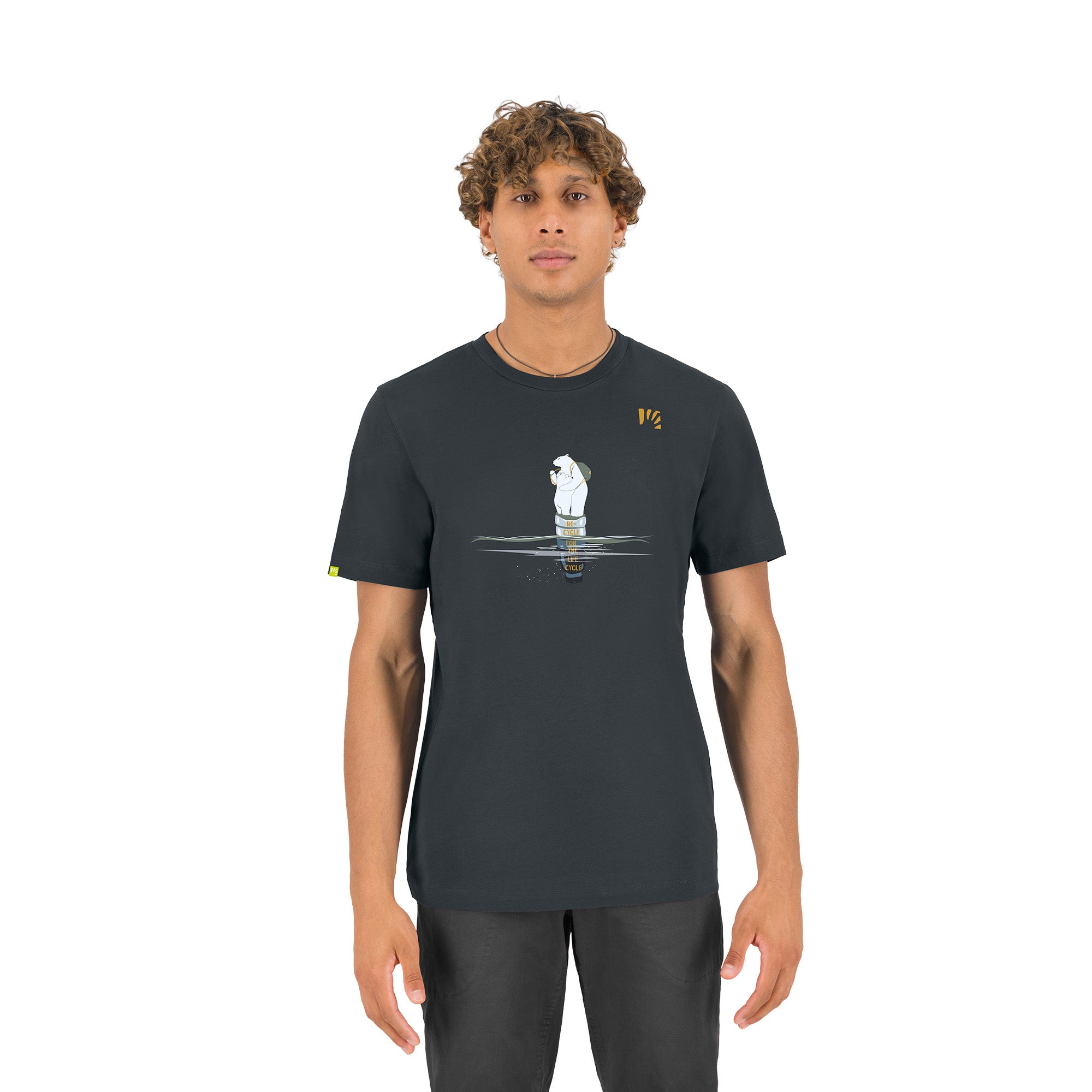 Person wearing a dark grey t-shirt with a graphic design on a white background