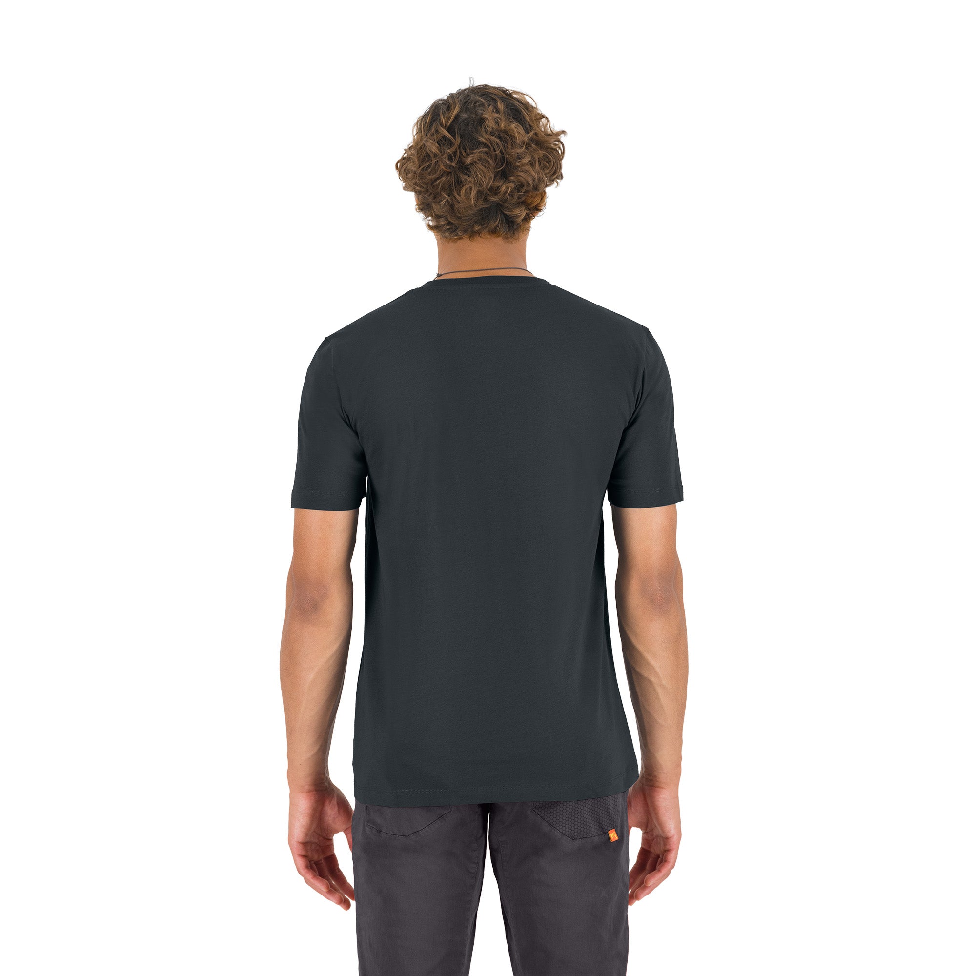 The back of a person wearing a dark grey t-shirt on a white background