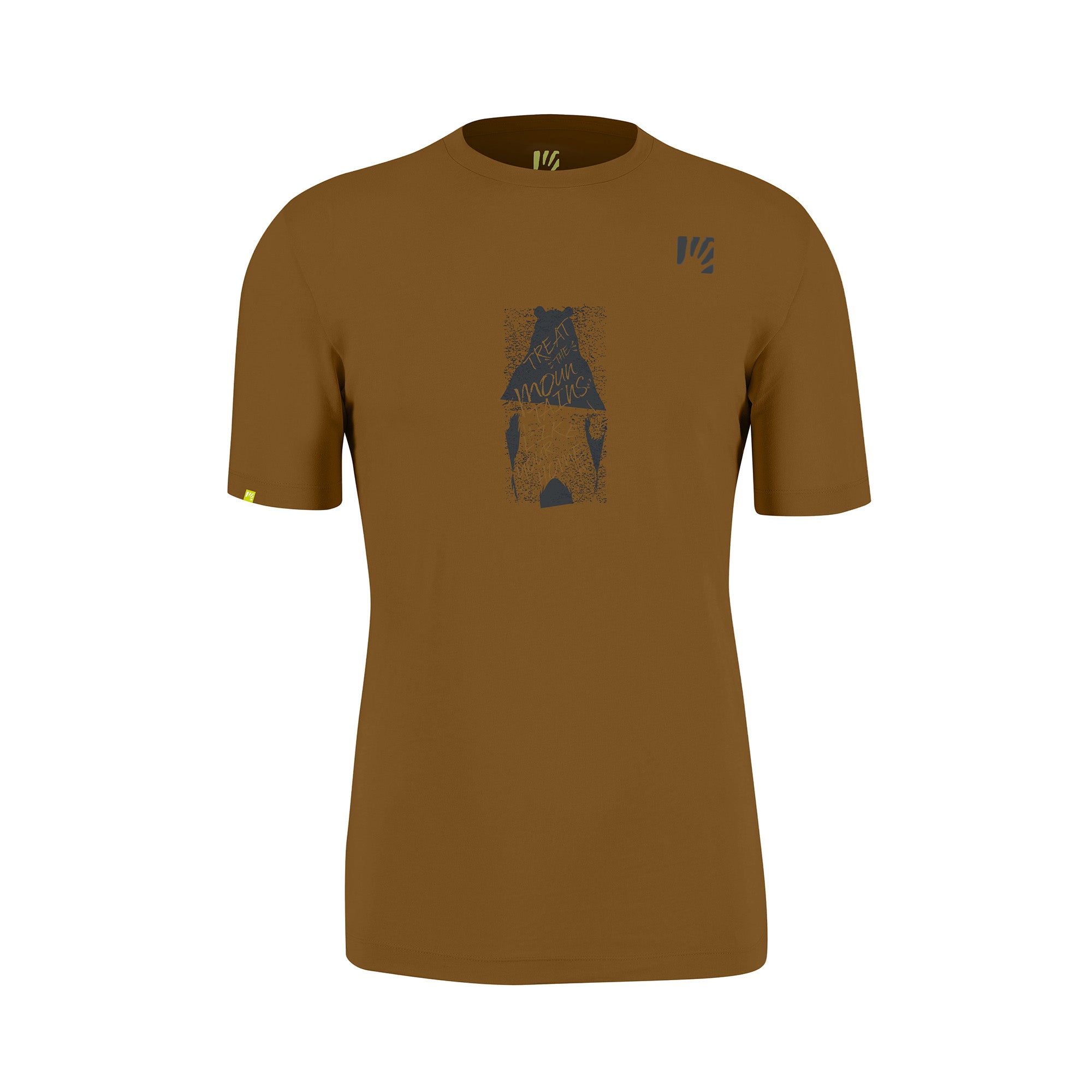 Brown t-shirt with a graphic design on a white background