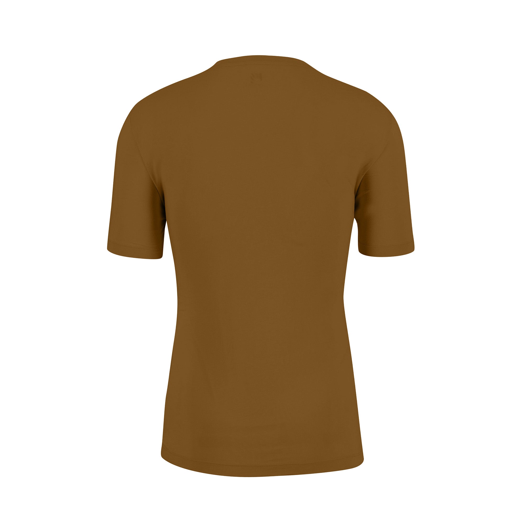 The back of a brown t-shirt on a white background