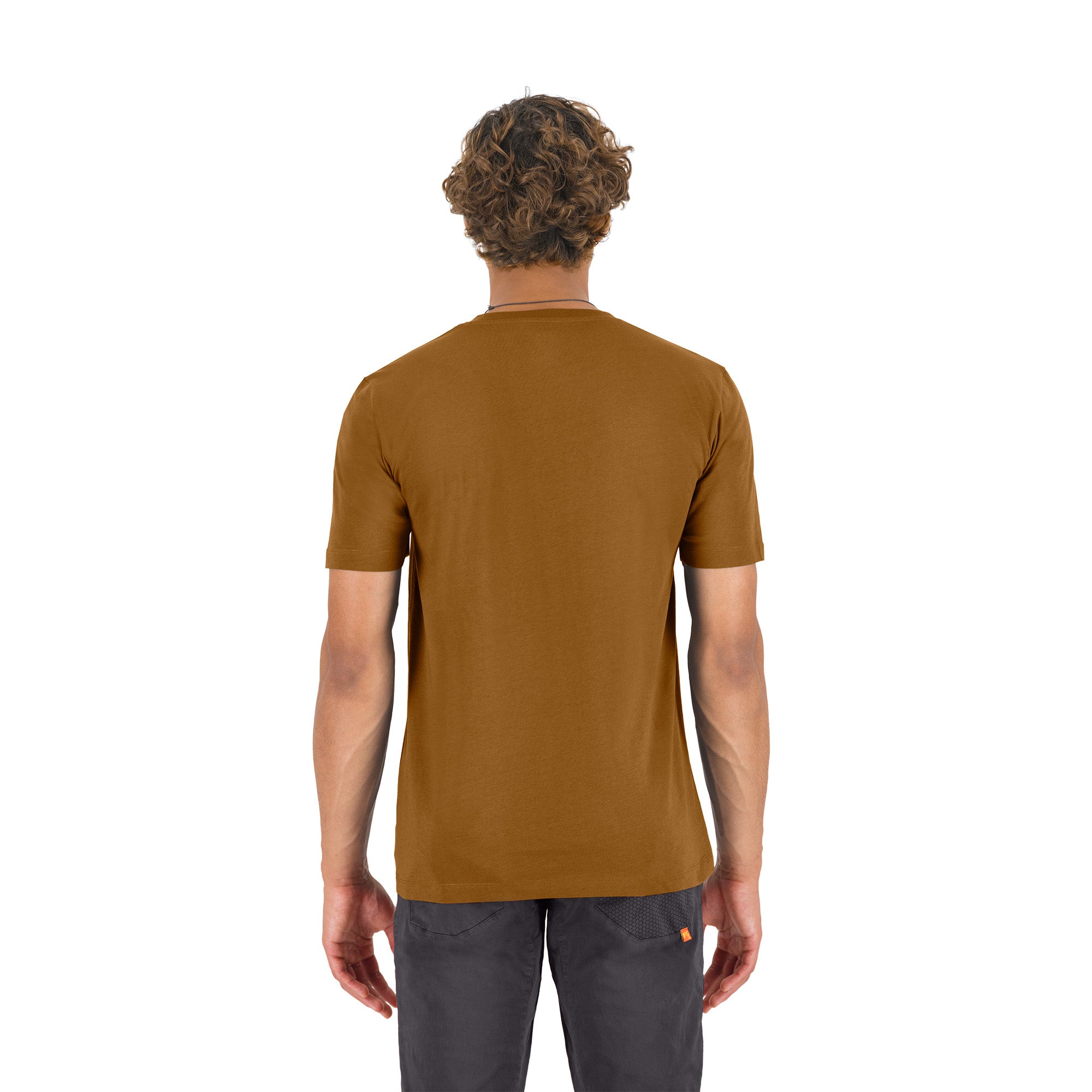 The back of a person wearing a brown t-shirt on a white background