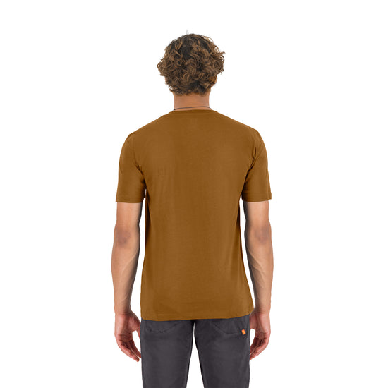 The back of a person wearing a brown t-shirt on a white background