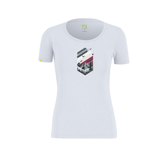 White t-shirt with a graphic design on a white background