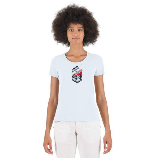 Person wearing a white t-shirt with a graphic logo design on a white background