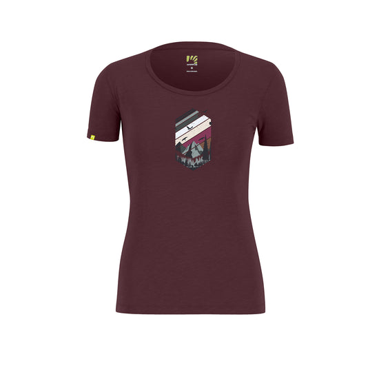 Maroon t-shirt with a graphic design on a white background