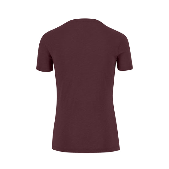 The back of a maroon t-shirt on a white background