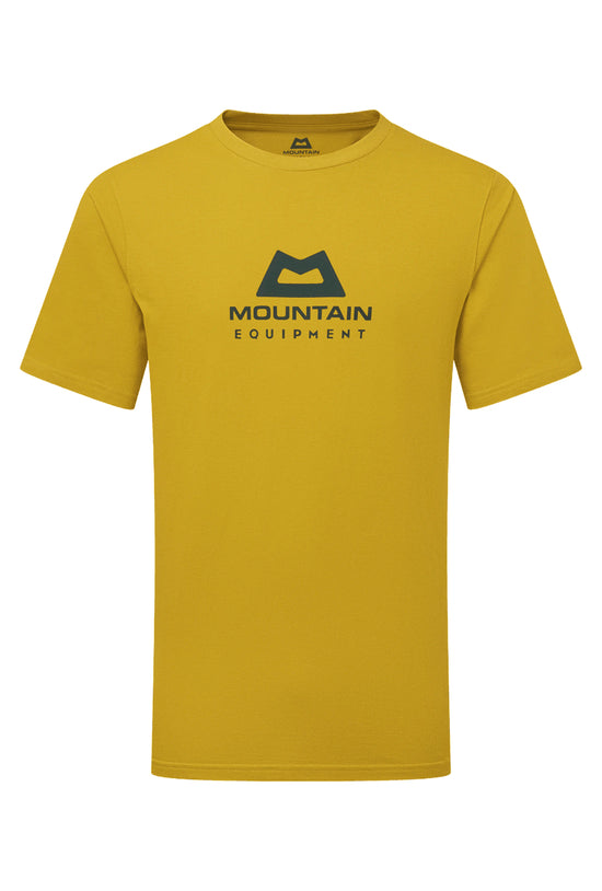 Yellow t-shirt with Mountain Equipment logo on a white background