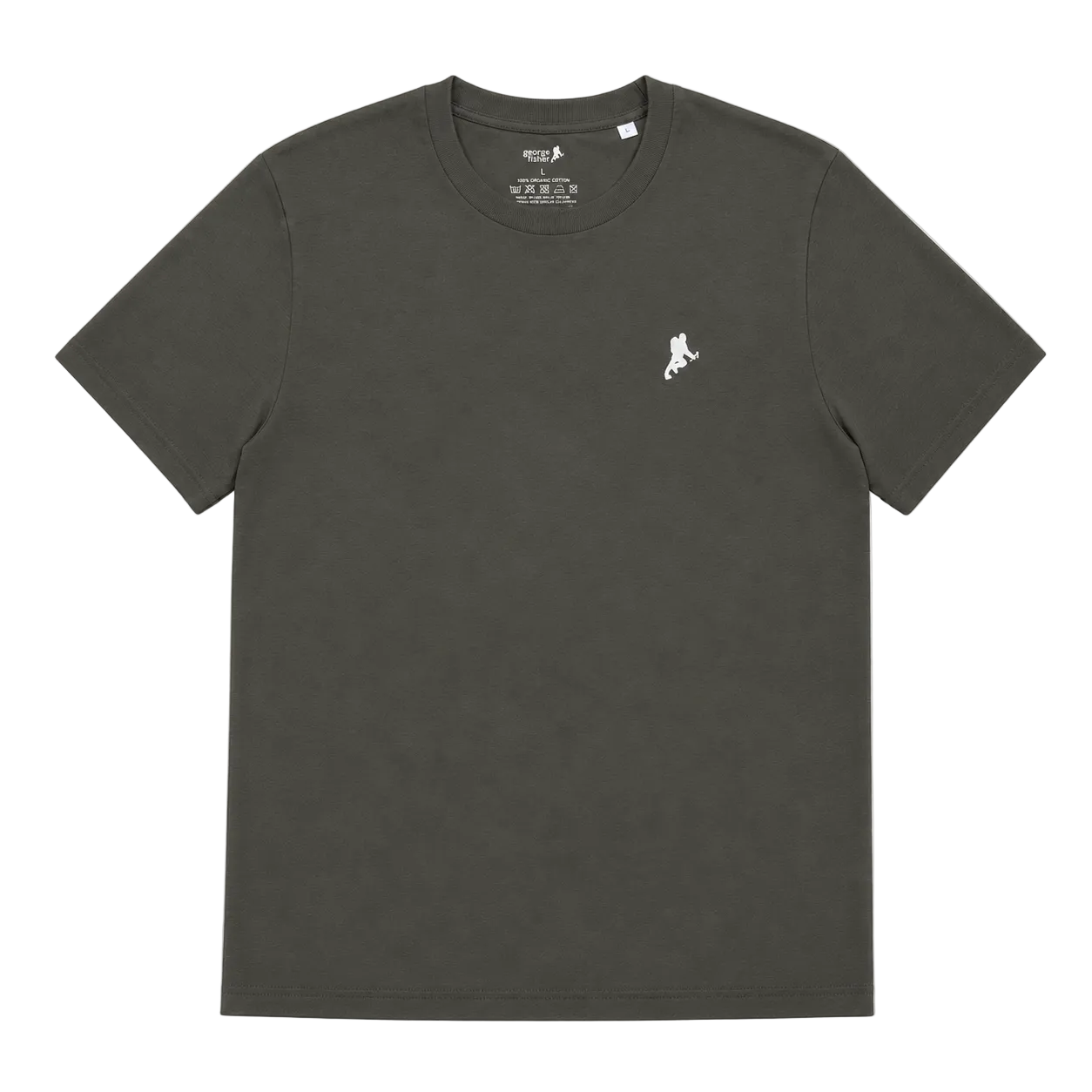 Khaki green short-sleeve t-shirt with a white George Fisher logo