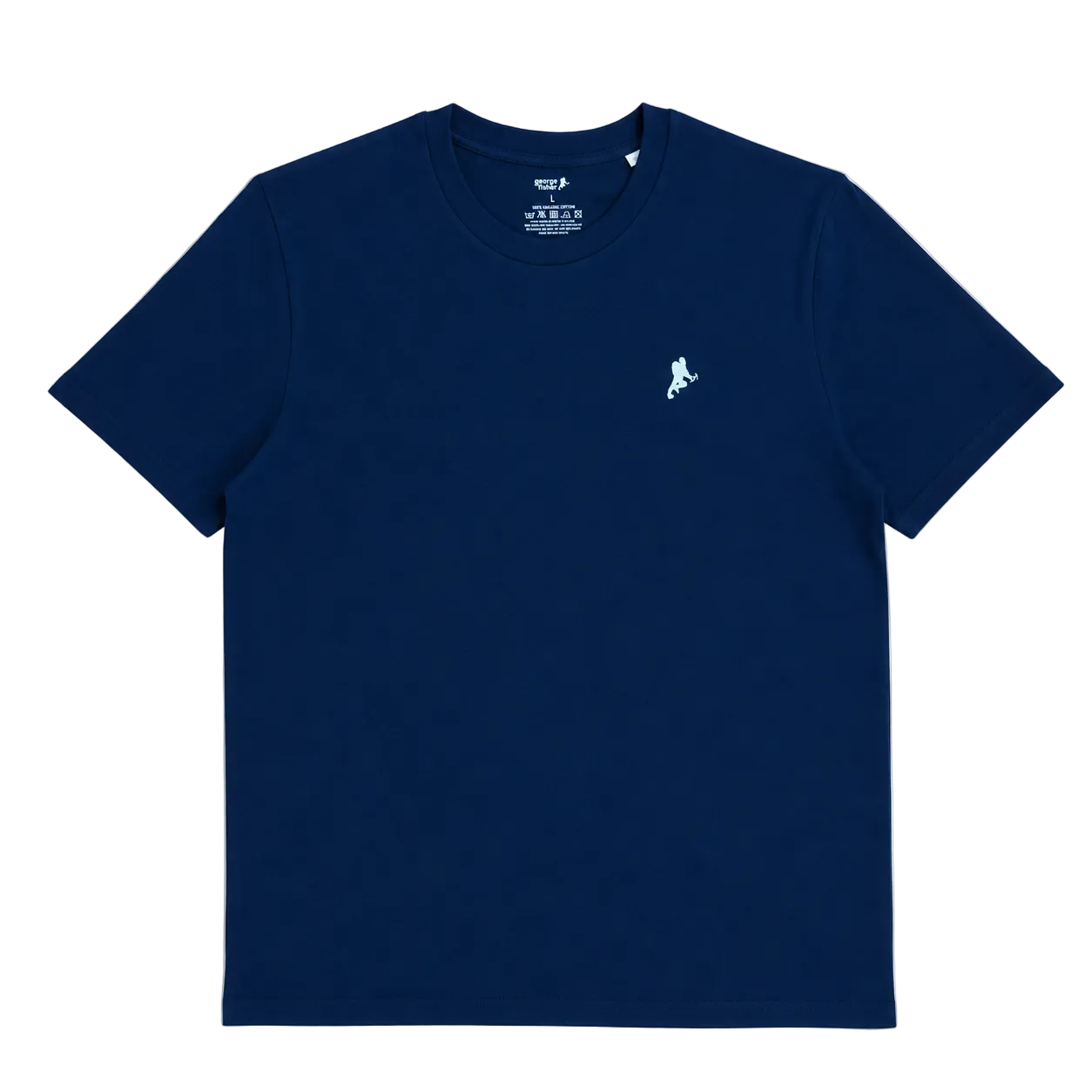 Navy short-sleeve t-shirt with a white George Fisher logo
