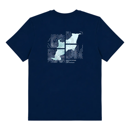 The back of a navy blue short-sleeve t-shirt with a topographic lines graphic and "George Fisher Tea Round" text with co-ordinates.