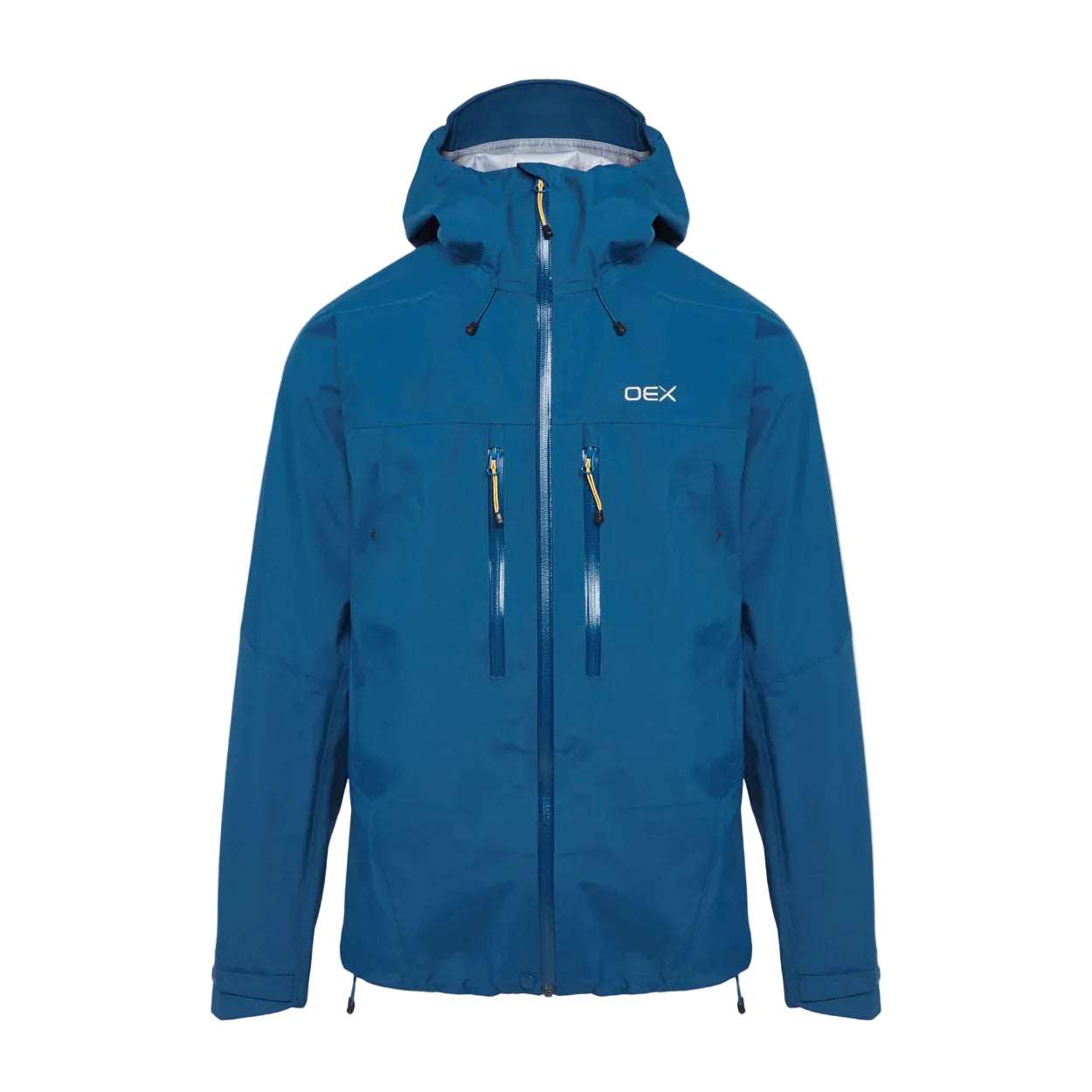 Blue jacket with a brand logo on a light gray background
