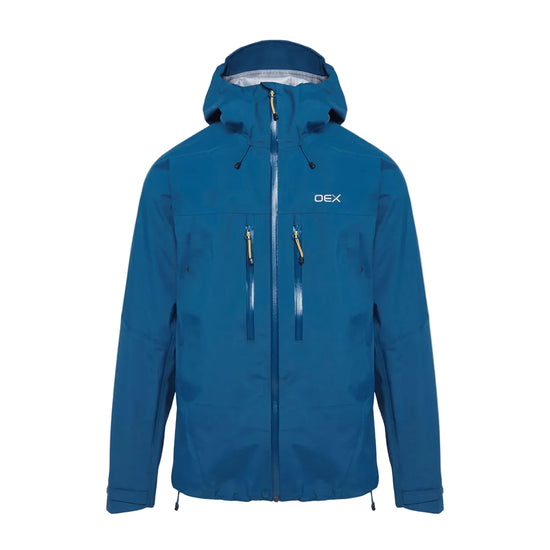 Blue jacket with a brand logo on a light gray background