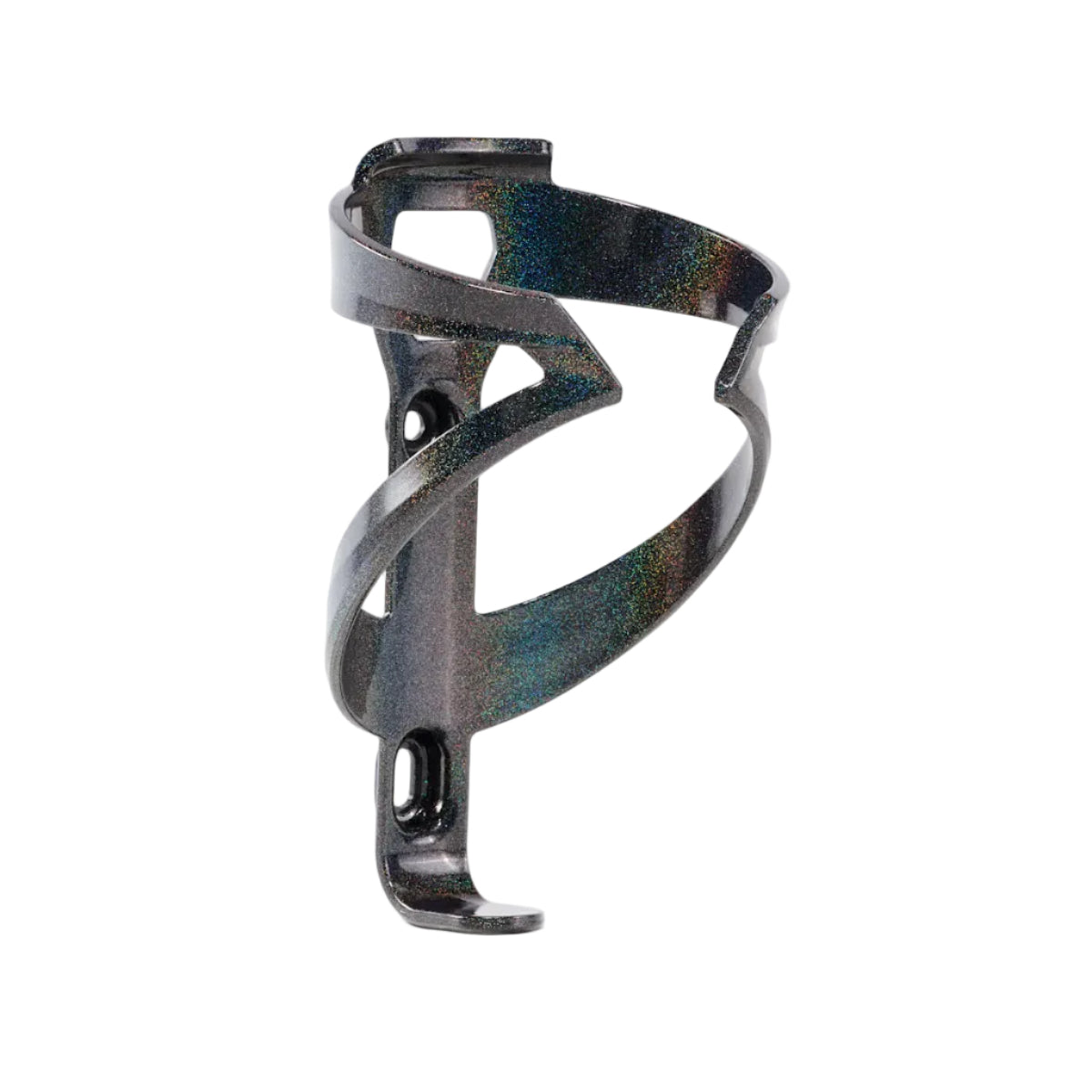A dark metallic bicycle water bottle cage with an iridescent, holographic finish, shown on a clean white background.