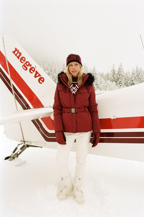 Women's Stretch Belted Ski Jacket - Burgundy Red
