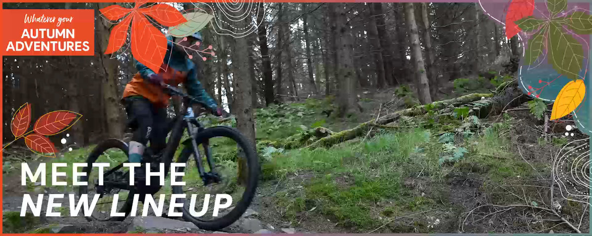 Mountain biker riding along a woodland trail, framed by colourful autumn leaves with text promoting the new cycling lineup and autumn adventures.