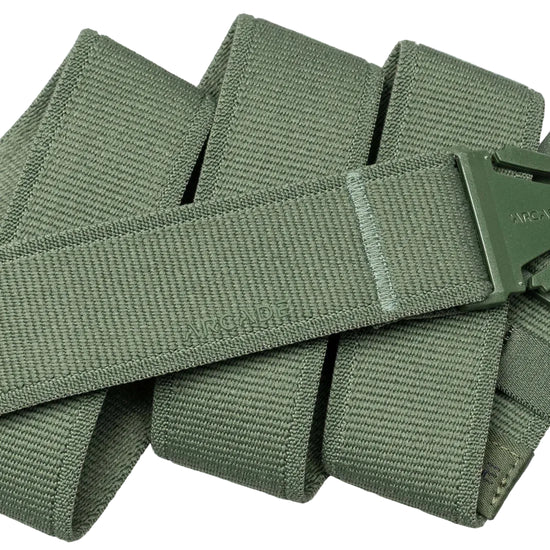 Green webbing strap with a buckle on a white background