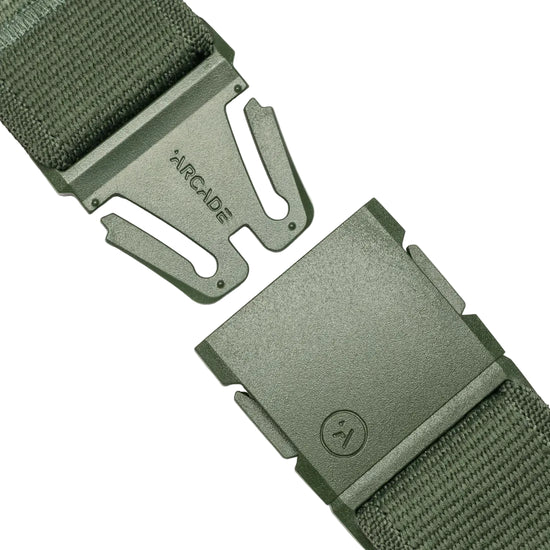 Green tactical belt with a buckle on a white background