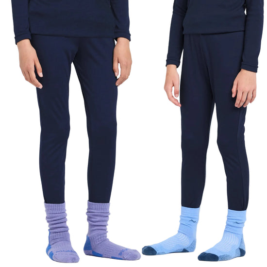 Two pairs of navy pants with matching socks on a white background