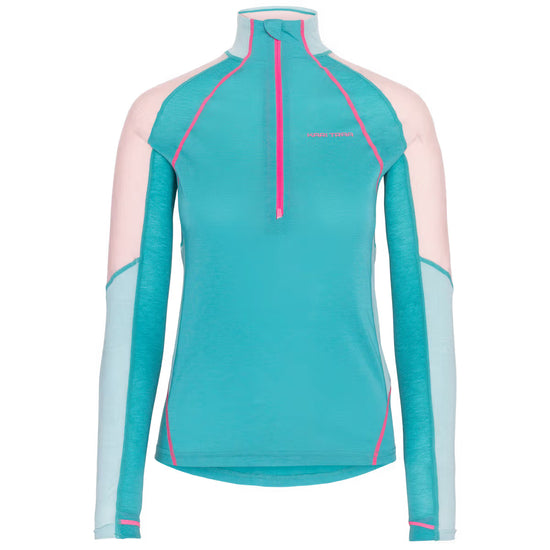Teal long-sleeve athletic top with pink accents on a white background