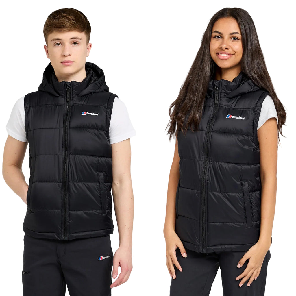 Two people wearing black puffer vests with a brand logo on a white background