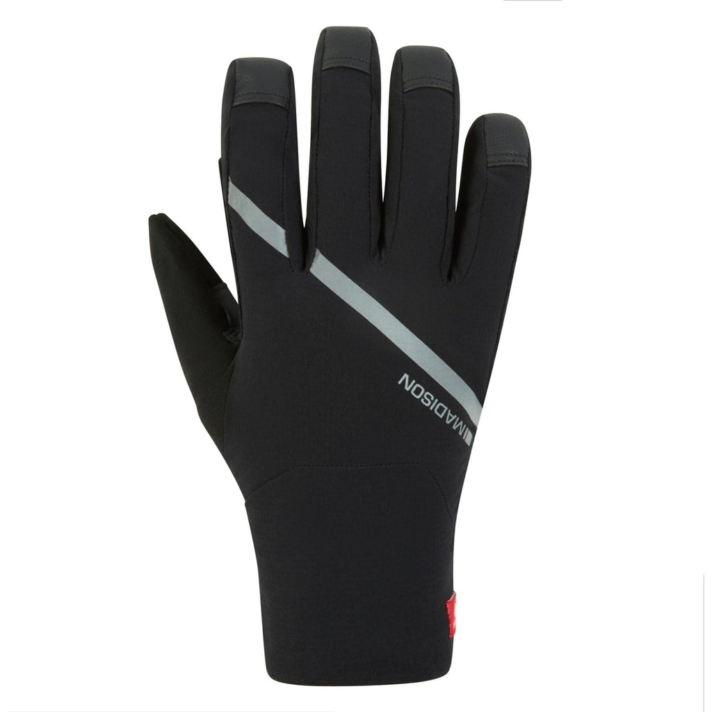 A black full-finger glove with a diagonal light gray stripe across the back of the hand and the brand name 'MADISON' printed in white. A small red logo is visible near the cuff.