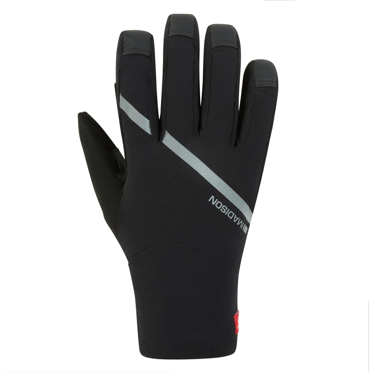 A black full-finger glove with a diagonal light gray stripe across the back of the hand and the brand name 'MADISON' printed in white. A small red logo is visible near the cuff.