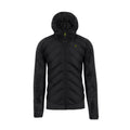Black quilted jacket with a hood on a white background