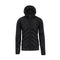 Black quilted jacket with a hood on a white background
