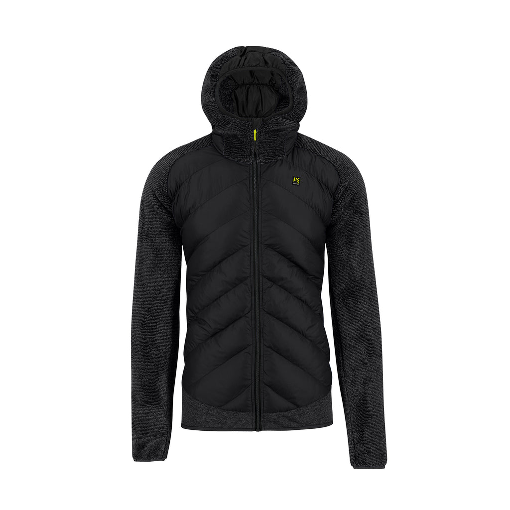 Black quilted jacket with a hood on a white background