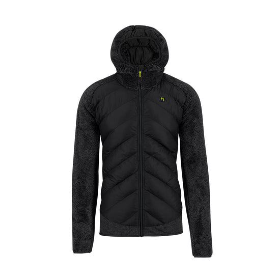 Black quilted jacket with a hood on a white background