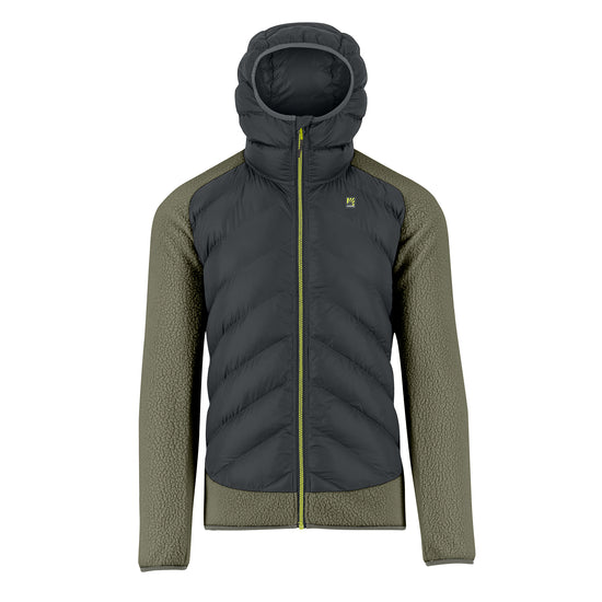 Two-tone jacket with a dark gray hood and sleeves and olive green body on a white background