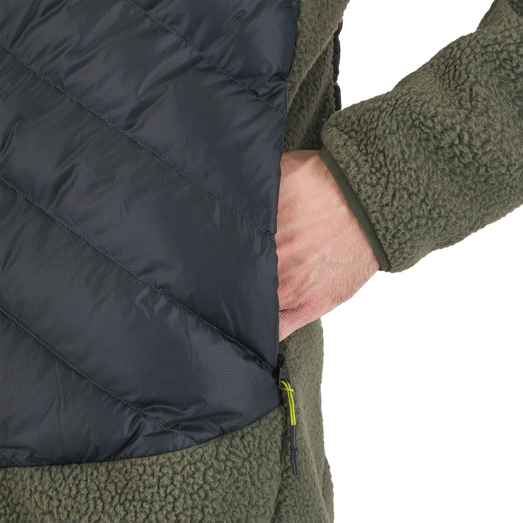 Close-up of a green hooded jacket hand pockets.