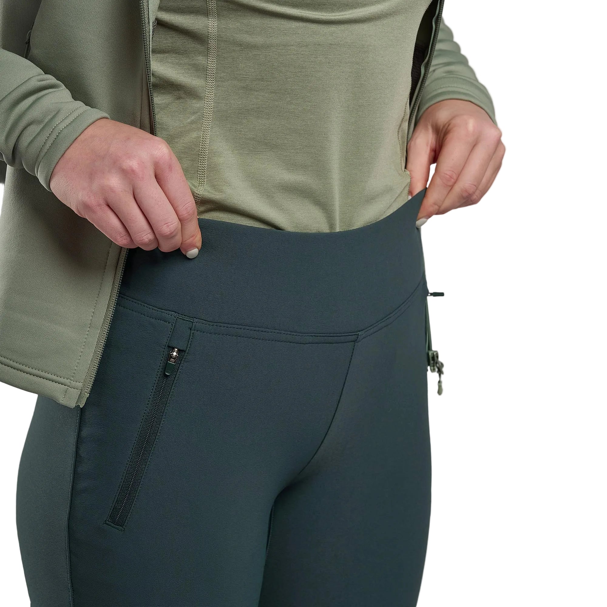 Person wearing green top and dark green pants with a white background