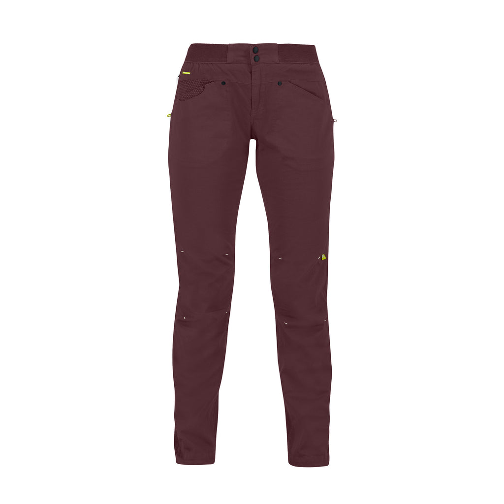 Maroon pants with yellow accents on a white background