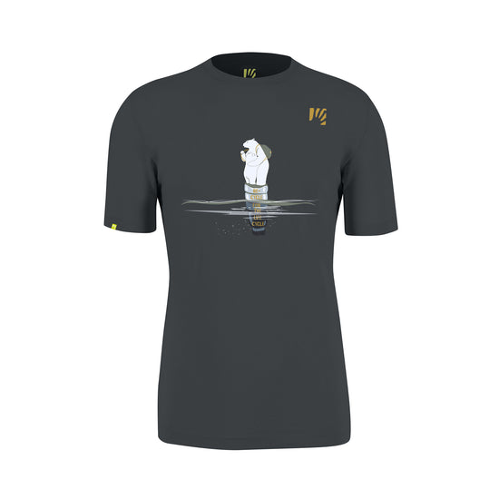 Dark grey t-shirt with a white graphic on a white background