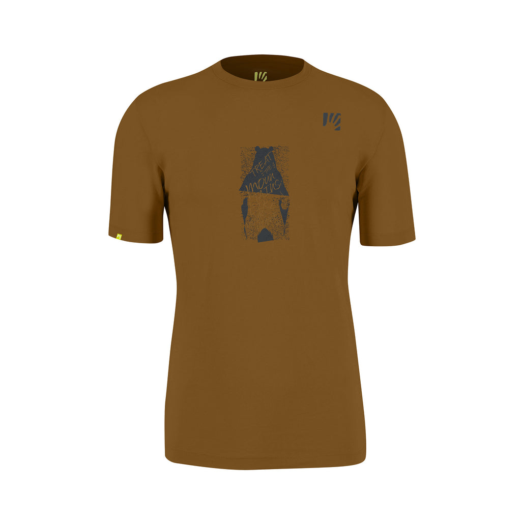 Brown t-shirt with a graphic design on a white background