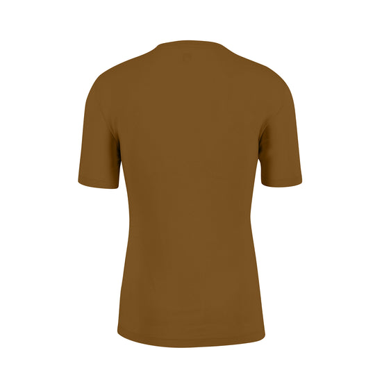 The back of a brown t-shirt on a white background