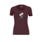 Maroon t-shirt with a graphic design on a white background