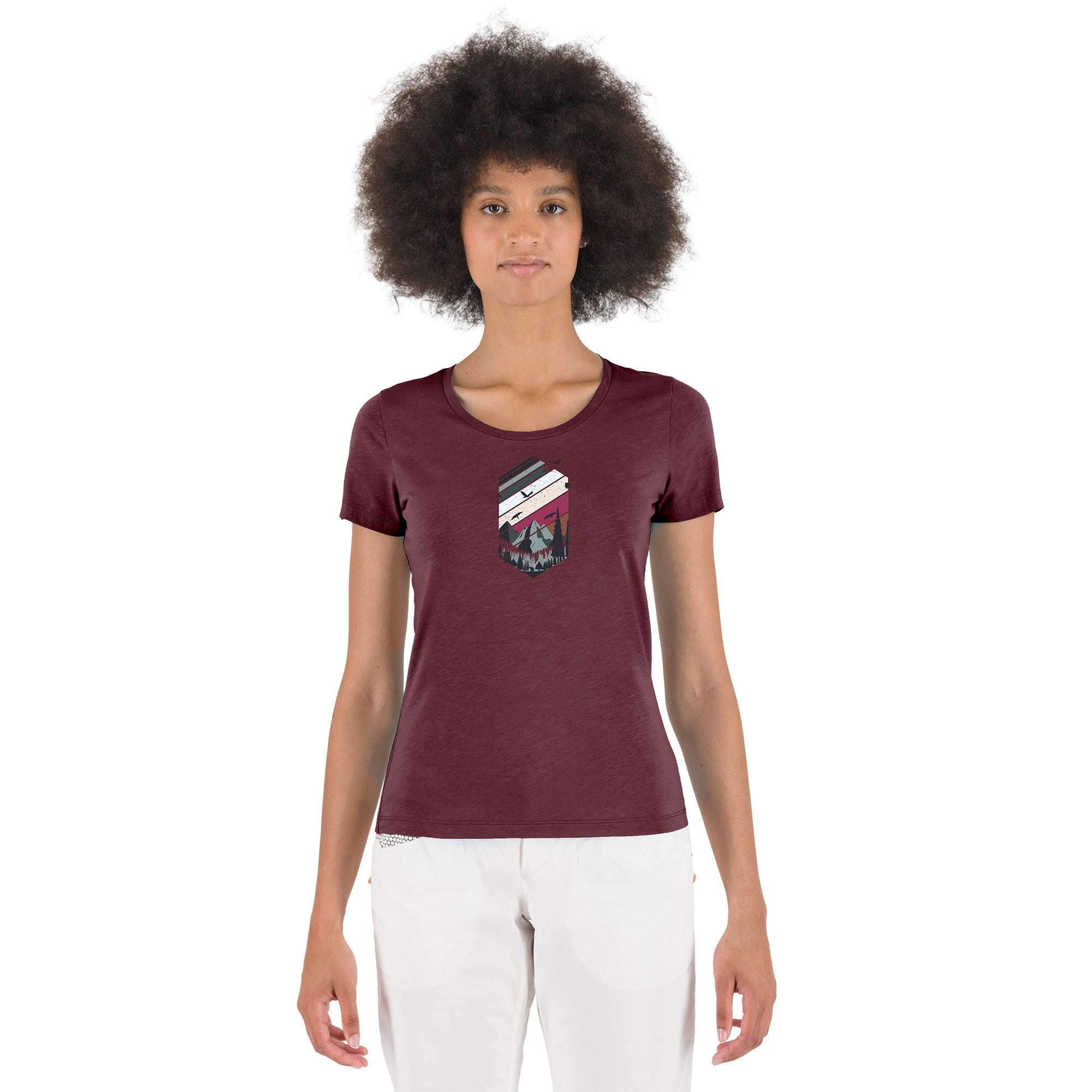 Woman wearing a maroon t-shirt with a graphic design on a white background